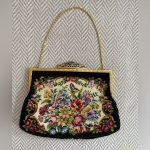 Antique (early 1900’s) Floral Embroidered Clutch with Black & Gold Accents